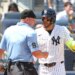 New York Yankees shortstop José Caballero (72) reacts after he is called out on strikes during the sixth inning when the New York Yankees played the Pittsburgh Pirates in game one of a doubleheader Wednesday, July 22, 2026 at Yankee Stadium in the Bronx, NY.