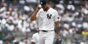 New York Yankees pitcher Camilo Doval reacts during the sixth inning against the Minnesota Twins.