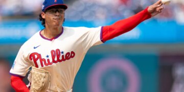 Philadelphia Phillies starting pitcher Jesus Luzardo delivers during the first inning a baseball game against the New York Mets, Saturday, July 18, 2026, in Philadelphia. (AP Photo/Chris Szagola)
