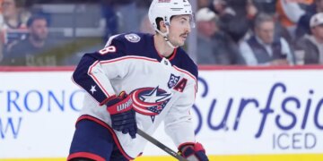 Zach Werenski of the Columbus Blue Jackets playing in an NHL hockey game.