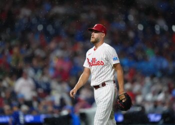 Philadelphia Phillies pitcher Zack Wheeler looks on during a game against the Los Angeles Dodgers.
