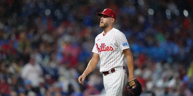 Philadelphia Phillies pitcher Zack Wheeler looks on during a game against the Los Angeles Dodgers.