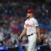 Philadelphia Phillies pitcher Zack Wheeler looks on during a game against the Los Angeles Dodgers.